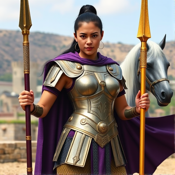 Reyna Avila Ramirez-Arellano, the fierce and respected praetor from the "Percy Jackson & The Olympians" series, in full Roman armor, with her regal purple cape flowing behind her as she stands confidently at Camp Jupiter. She holds her golden spear, with her loyal pegasus Scipio by her side against the backdrop of the camp's fortified structures and the hills of California. Her dark hair is pulled back in a practical ponytail and she has an expression of determined leadership on her face.
