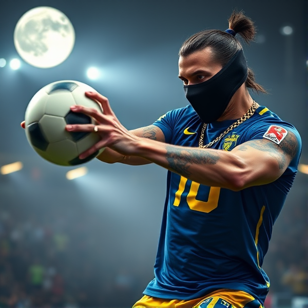 Zlatan Ibrahimovic en pleine action décochant un tir puissant du pied droit dans un ballon de football, ses muscles définis et tendus mis en évidence par un éclairage théâtral qui crée des jeux d'ombres et de lumières contrastées dans le stade. Il est équipé d'un masque de ski noir aux reflets métalliques qui intensifie son regard perçant, tandis qu'une chaîne en or avec un médaillon du lion suédois pèse sur son torse sculpté. À son doigt brille une bague en or incrustée d'une gemme étincelante. Une brume dense s'enroule autour du terrain, contribuant à une ambiance mystérieuse alors que des projecteurs coupent l'obscurité pour révéler des silhouettes estompées dans les gradins. Le numéro 10 ressort brillamment sur son maillot bleu et jaune vibrant, reflétant les couleurs nationales de la Suède et renforçant sa fierté patriotique. Zlatan adopte la pose féroce d'un prédateur au moment de frapper, dominant les adversaires hors-champ avec autorité. Son expression affiche une concentration absolue et la résolution caractéristique du joueur en plein effort. Sur ses bras tatoués se détachent des motifs complexes évoquant ses nombreux succès sportifs. Ses yeux brillent d'une lueur métallique comparable à celle d'armes prêtes à faire feu, sous le regard bienveillant d'une lune argentée qui confère à la scène une qualité surnaturelle presque théâtrale.