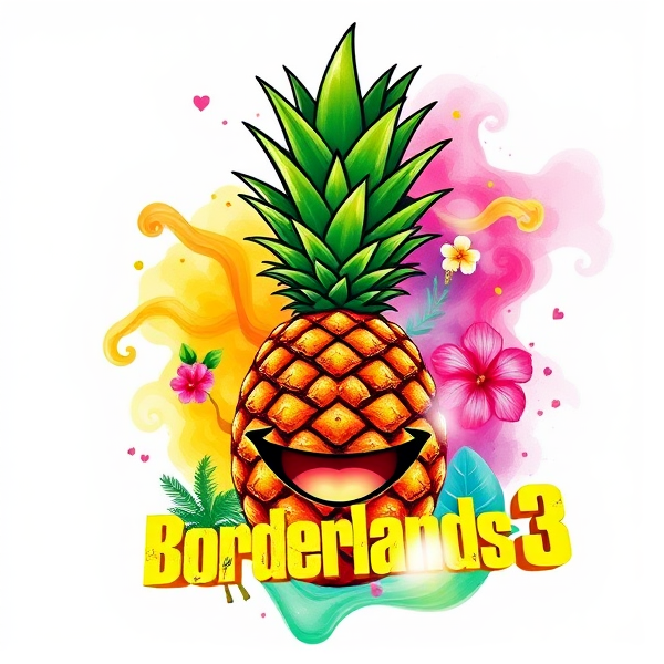 Conception d'un logo d'ananas stylisé et plein de vitalité, avec des couleurs lumineuses comme le jaune canari, le vert lime et le rose corail. Incorporez des motifs exotiques tels que des palmiers miniatures, des fleurs d'hibiscus délicates et des feuilles de monstera découpées. L'ananas est placé au centre d'une composition artistique où les volutes de fumée colorées s'entremêlent pour créer un visage souriant charismatique, avec des yeux pétillants et une bouche grande ouverte exprimant la joie. La fumée doit avoir une texture semblable à de l'aquarelle qui s'estompe dans l'air ambiant, donnant l'impression que le logo prend vie dans une atmosphère de carnaval tropical. La typographie du nom de la marque est fluide et fantaisiste, évoquant une ambiance festive et accueillante. L'ensemble du design doit transmettre un sentiment d'innovation et d'exubérance.