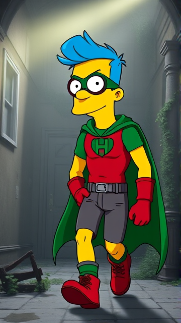 Milhouse Van Houten from The Simpsons, with his yellow skin, really big round nose, and blue hair that's slicked back at the top, but as an 18-year old teenager, dressed as a parody of Robin, The Boy Wonder, with an extremely muscular torso and arms, a green bodysuit with a red torso adorned with a green H symbol on his chest, a grey utility belt, red boots, red long-cuffed gloves, a big green cape, and a green eye mask with optical lenses in it, now known as Houseboy, The Nerd Wonder, the other half of Springfield's Dynamic Duo, and one of the greatest vigilante superheroes ever known in Springfield. He is currently walking through an abandoned house at night, looking for clues to the mystery he is trying to solve. (EXACTLY AS I DESCRIBED.)