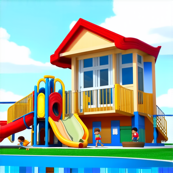 bâtiment d'une école primaire traditionnelle avec cours de récréation, enfants noirs jouant, architecture européenne, ciel bleu avec quelques nuages