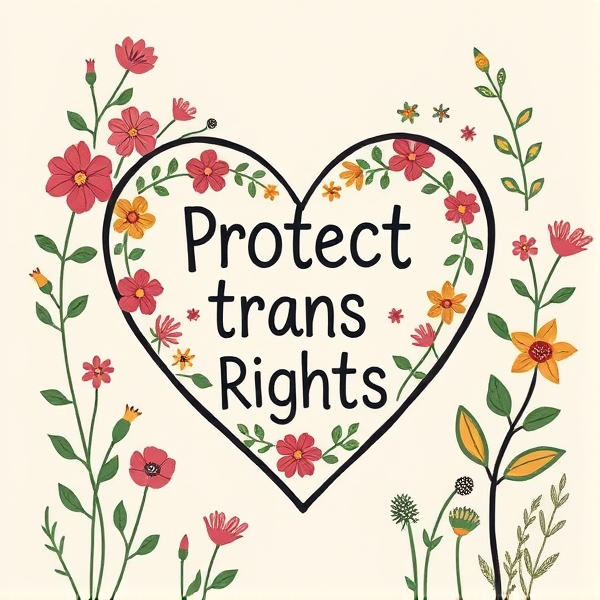 A heart symbol with the outline of the heart being flowers and plants. The inside of the heart says protect trans rights in American traditional art style