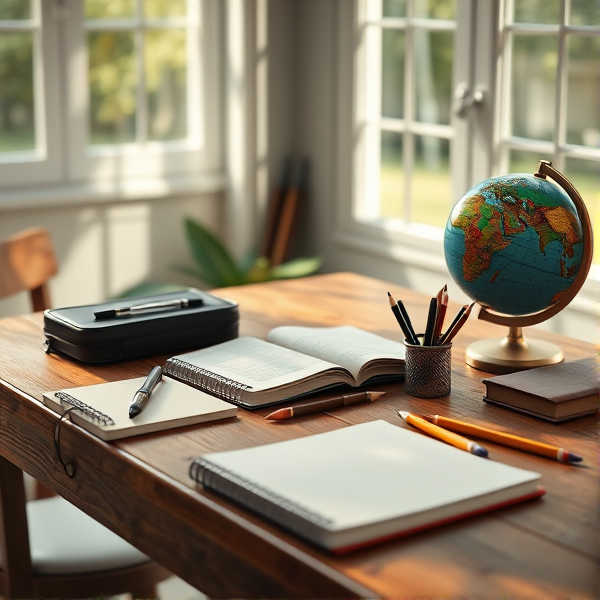 table en bois éclairée par la lumière naturelle de la fenêtre, couverte de fournitures scolaires comme des cahiers ouverts, des stylos, des crayons, une trousse et un globe terrestre  .