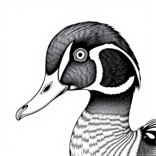 A black and white drawing of a wood ducks head. Like for a coloring page