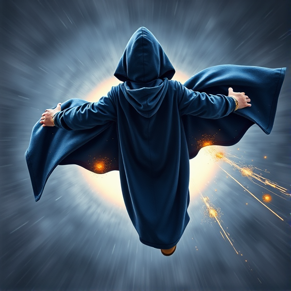 Action scene: A dynamic and intense back angled view of a little boy transformed into a formidable, enigmatic figure shrouded in darkness, his identity obscured by the transformation into the Chosen One. The silhouette of his young form is clad in an enormous heel-length, ultra-wide blue hooded cape that sways with supernatural elegance. The cape’s fabric is a deep midnight blue, peppered with subtle twinkling stars like a slice of the night sky wrapped around him. His arms are outstretched before him, each one encased in 25 magical golden Power Rings that gleam with ancient runes and pulsate with arcane energy. This boy turned shadowy superhero is captured mid-flight, soaring at high velocity as he exits a swirling vortex portal behind him—its edges flickering with eldritch light. His cape billows out majestically behind him, emphasizing the speed and urgency of his flight. With fierce determination etched into his invisible posture, he launches himself fists-first towards the villainous entity responsible for his exile—a nefarious figure depicted only by its ominous presence ahead. Sparks of magical essence trail from the Power Rings as they prepare to unleash their might upon impact, illuminating this dramatic encounter between good and evil in mid-air combat.