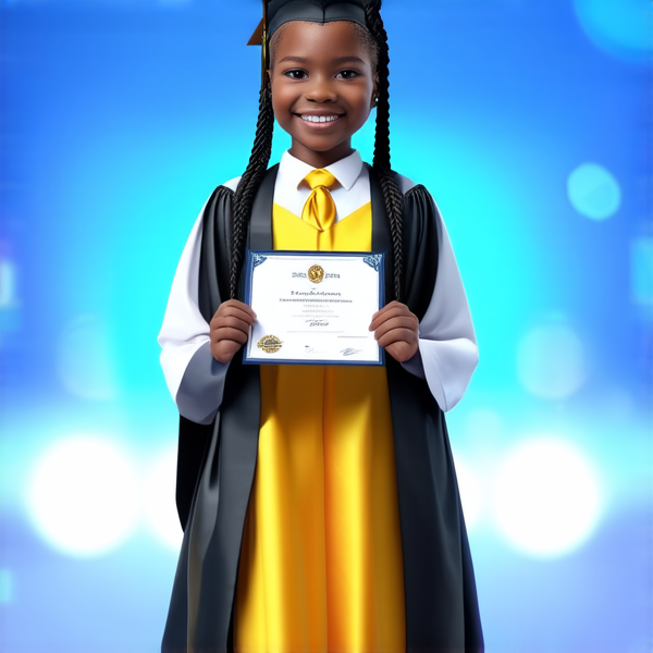 jeune fille noire de huit ans avec des tresses africaines traditionnelles, habillée élégamment pour une cérémonie de remise de diplôme, tenant son certificat, souriante et fière