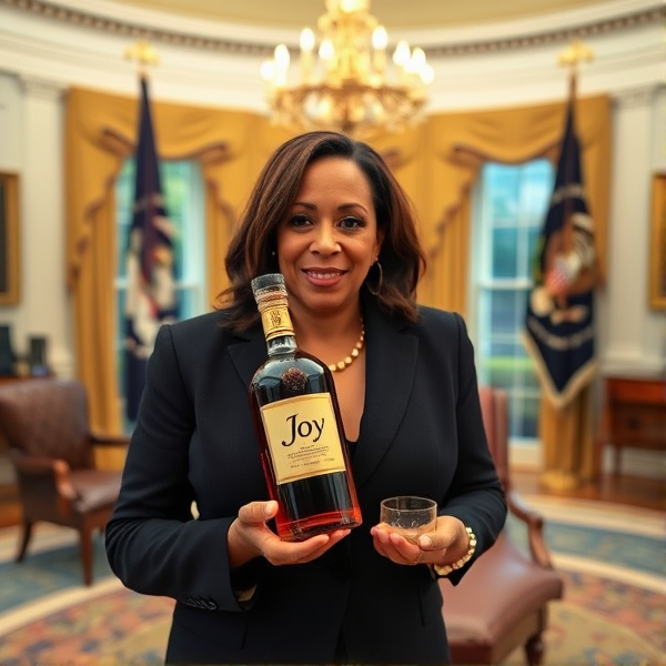 Kamala Harris holding a bottle of "Joy" cognac in the oval office.