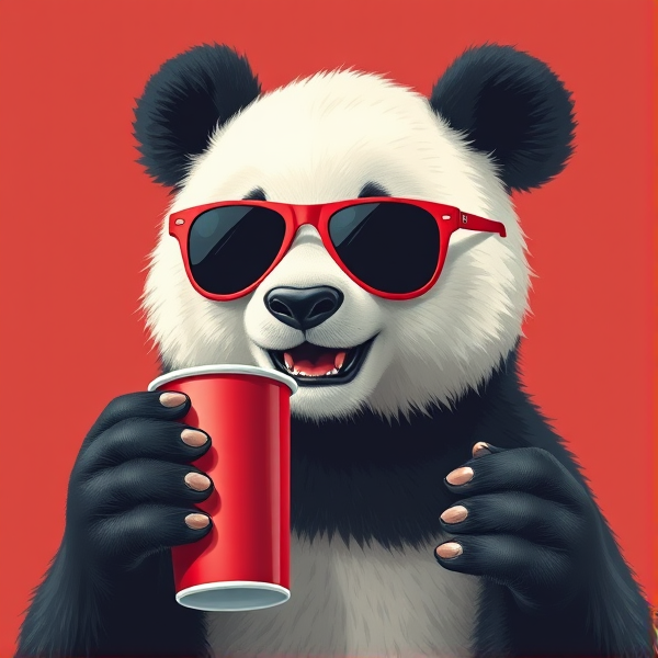 Panda bear wearing sunglasses and holding a red solo cup