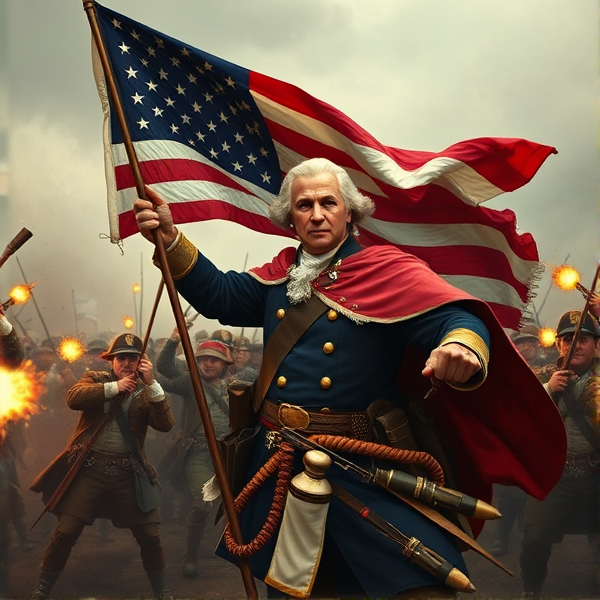 George Washington in battle being brave and commanding holding a american flag with bombs and shooting