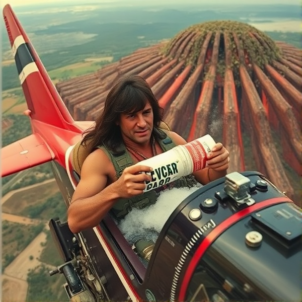 Rambo qui prend de la cocaïne sur un avion en looping avec une grosse montagne de beuh en arrière plan