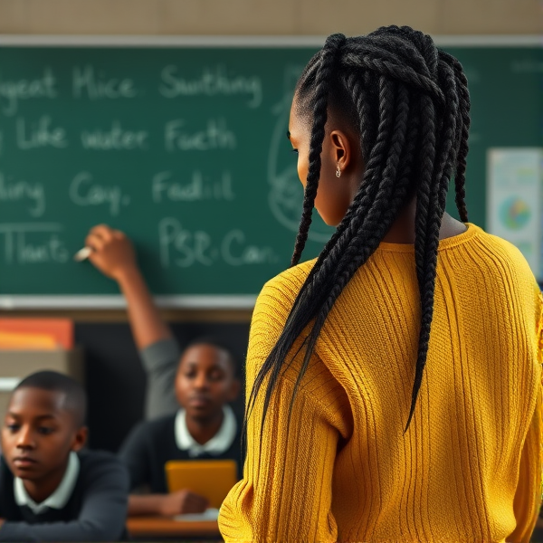 Une enseignante noire âgée de quarante ans coiffée de tresses africaines traditionnelles, portant un pull jaune  se tient le dos tourné en train d'y écrire à la craie blanche au tableau dans une salle de classe avec des élèves noires agés de huit ans.