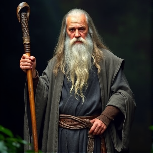 Make a photo of Gandalf from lord of the rings. He is tall, old, and has a long gray beard and long gray hair, and wears a long gray robe with a silver belt. In one hand he holds a wooden staff.