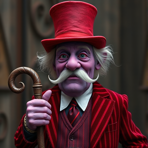 A dreamy elder man figure with purple skin, a squiggly mustache and a striped red velvet suit with a cane and a a top hat to match his suit and he’s tall