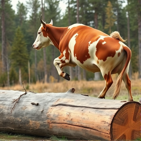 cow jumping a log with a sadle and girl on