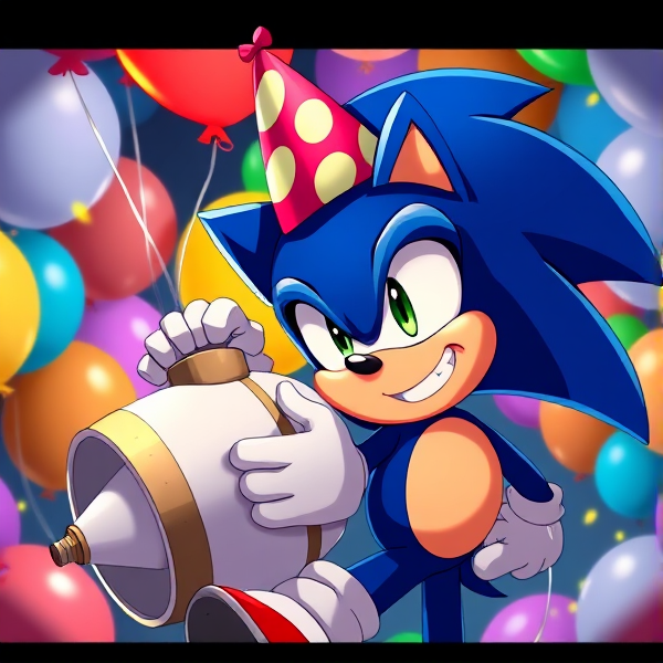 Sonic the Hedgehog donning a festive party hat, cheerfully holding a large helium tank equipped with a nozzle. He's amidst a joyful scene of multi-colored balloons floating around him, some playfully tethered to his quills, all while he sports a mischievous grin on his face