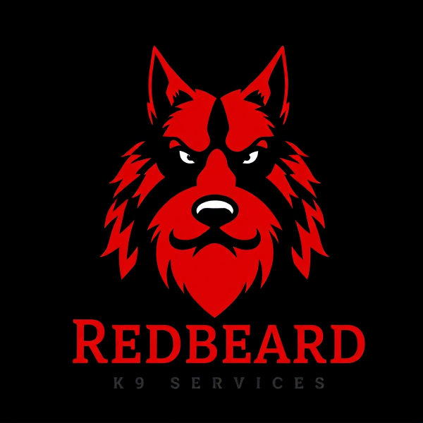 Create a professional and dynamic logo for "Redbeard K9 Services" that combines a stylized, majestic red beard with the silhouette of a noble, strong, and loyal dog. The design should convey power and faithfulness, appropriate for a company's branding and corporate identity. The logo must feature a rich red color scheme for the beard with black and white elements to ensure contrast and visual impact. The company name should be displayed in a bold, authoritative yet welcoming font below the image.