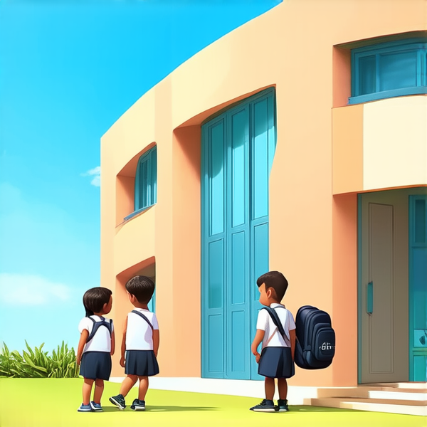 bâtiment d'une école primaire  avec enfants noirs africains en uniforme scolaire chemise blanche et pantalons bleu marine avec des cartables