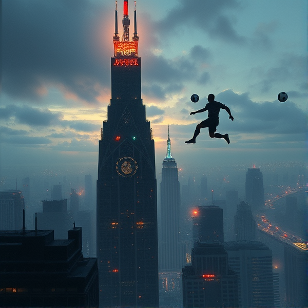 Partie de soccer sur un gratte ciel , obscur