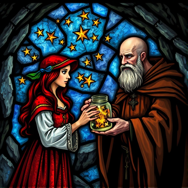 Arthurian jovial bald monk handing a jar of stars to a red haired teenage Arthurian princess in a cave in the style of medieval stained glass