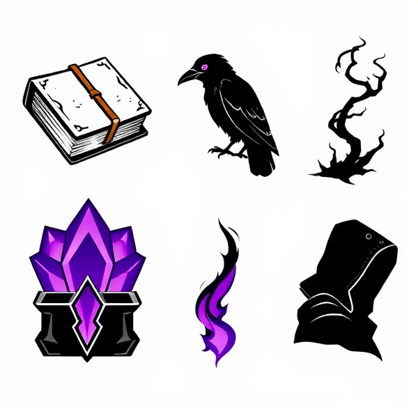 Create a collection of minimalist RPG icons that vividly represent the warlock class, each featuring a unique element: a tome of ancient spells bound in eerie leather, a jagged amethyst crystal pulsing with forbidden energy, an obsidian raven perched stoically with eyes glowing faintly purple, a tendril of eldritch fire flickering ominously while casting unsettling shadows, and a silhouette of a hooded figure enshrouded in whispers of darkness. Each icon should be rendered with high contrast in black and white, embellished with touches of mystical purple to enhance the arcane vibe characteristic of warlocks. The design must be scaled for clarity at small dimensions, ensuring every symbol is immediately identifiable by its silhouette and essential details. Incorporate delicate hints of magical shimmer or ethereal aura around the icons to subtly imply the latent power they hold. All lines should be crisp and purposeful to comply with the minimalist aesthetic requested.