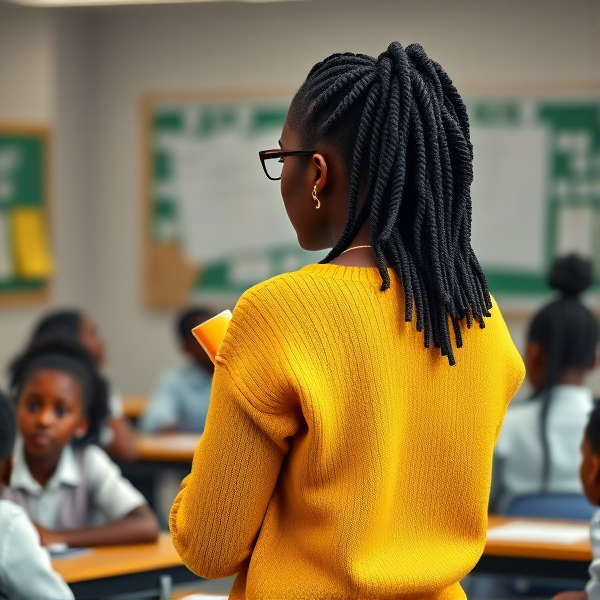 Une institutrice noire âgée de quarante avec des tresses africaines ans vêtue d'un pull jaune le dos tourné écrivant au tableau dans une salle de classe avec des élèves noires agés de huit ans