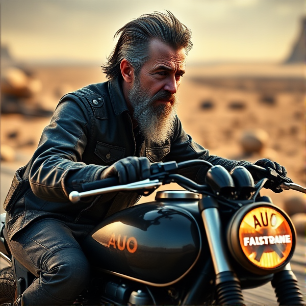 A seasoned gentleman with distinguished slick salt-and-pepper hair and a full, well-groomed beard astride a rugged motorcycle, cruising through a desolate landscape indicative of a post-apocalyptic setting. The letters "AUO" are prominently illuminated on the motorcycle's fuel tank.