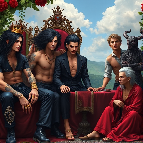 A landscape image portraying 7 brothers who are all embodiments of the 7 deadly sins. Pride sits in a thrown, his long black hair flowing and a crown perched on his head. Wrath has messy black hair that almost covers his piercing red eyes. He wears a leather jacket with matching pants, his body covered in tattoos and piercings. Greed wears a designer suit that brings out his lavender eyes, as well as gold rings and a gold chain. Envy wears the clothes of a lone wanderer, his green eyes looking around with jealously. Gluttony is ironically lean, a symbol of his insatiable appetite. He stands on a table. Lust has light hair, icy blue eyes, and a mischievous expression. He wear alluring attire. Sloth has a perpetually weary face as he sits on the floor, his robes draping around him.