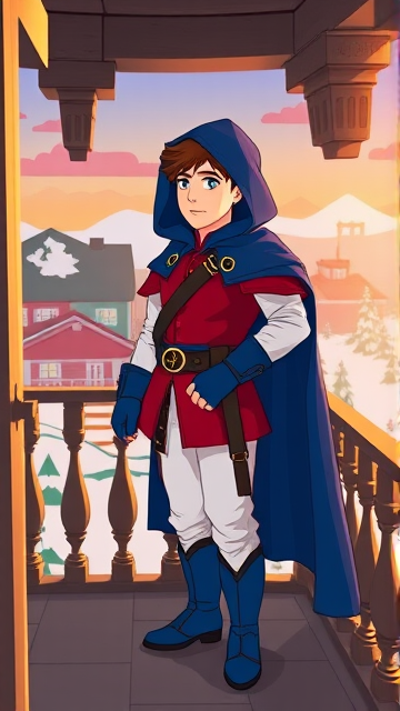 Clyde Donovan from South Park, light skin and brown hair, but as a 14-Year Old, dressed as a medieval prince with a red shirt with white sleeves, a black belt with a gold buckle, white pants, blue boots, blue long-cuffed gloves, and wreathed in a big blue hooded cape, now known as Prince Donovan. Despite still being a kid, he is the Youngest Ruler of South Park, Colorado, but now reborn as the real life Kingdom of Kupa Keep, Zaron, and Prince Donovan is its youngest and greatest hero. The young teenage prince of Kupa Keep is currently standing on his bedroom balcony in his new home of Kupa Keep Castle, looking at the amazing view of his newfound kingdom that was once the small mountain town he knew before.