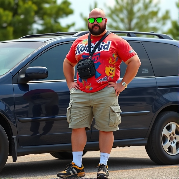 A bald 300 lb muscular man  wearing cargo shorts, a kool-aid man shirt, white socks, sketchers shoes, neon green sunglasses, cross body bag, standing next to a 2002 navy blue sienna