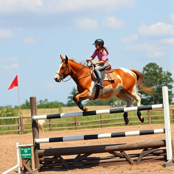 girl riding cow with a saddle as it jumps over a showjumping jump