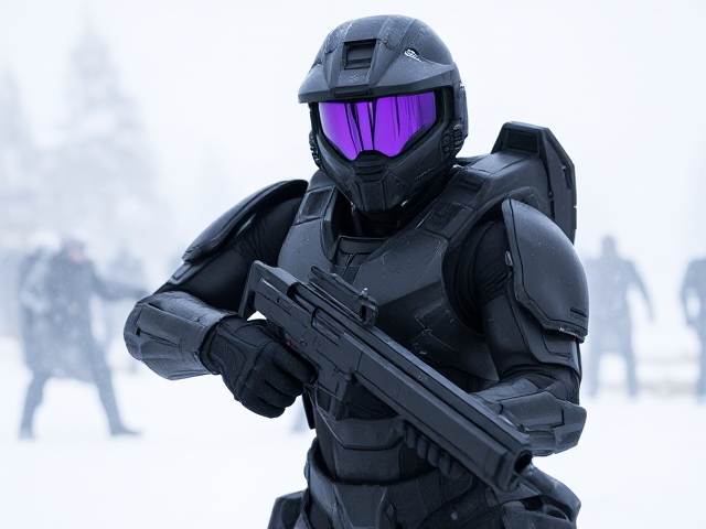 female. 6ft 0inches tall. wearing black and purple halo mark 6 spartan armor and purple visor. in a snowy battlefield. holding a shotgun
