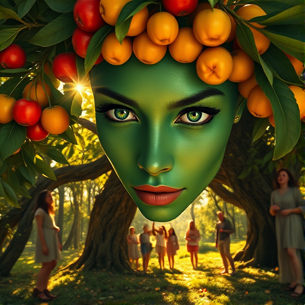 Portrait ultra-détaillé et photoréaliste d'une femme à la peau verte émeraude, aux yeux brillants d'un vert intense reflétant un sentiment de jalousie profonde. Ses iris sont comme deux gemmes capturant la scène devant elle, où un groupe d'amis joyeux rit à gorge déployée, savourant des moments de pur bonheur sous les branches généreuses d'un arbre ancien, dont les fruits diversifiés pendent lourdement avec des couleurs vives et variées - du rouge cerise au jaune doré en passant par des oranges flamboyants. Chaque fruit semble être peint avec une précision méticuleuse, presque tangible. L'éclairage solaire traverse le feuillage touffu de l'arbre, créant un réseau complexe d'ombres et de lumière qui danse sur le visage pensif de la femme et souligne la texture vivante et richement nuancée de sa peau.
La clairière est baignée dans une lumière dorée qui enveloppe délicatement chaque élément du paysage bucolique, mettant en relief la verdure luxuriante environnante et illuminant les expressions euphoriques des amis insouciants. Le contraste saisissant entre leur joie ouverte et le regard sombre mais captivant de la femme est encore renforcé par une palette de couleurs vibrantes où dominent les verts saturés. La perspective plongeante crée une distance perceptible entre la femme et le groupe, accentuant son isolement émotionnel alors qu'elle observe depuis sa solitude choisie.
Le style rappelle celui du Caravaggio dans sa manière d'utiliser le clair-obscur pour dramatiser la scène, faisant ressortir chaque pli du tissu porté par les personnages, chaque texture différente du sol forestier sur lequel ils se tiennent joyeusement, ainsi que chaque détail ciselé des expressions faciales. La tension dramatique est amplifiée non seulement par cette technique mais aussi par l'intensité émotionnelle qui se dégage de chaque regard, position corporelle et interaction implicite visible dans cette composition riche en histoires cachées.
La scène entière est encadrée par des effets naturels spectaculaires : les rayons du soleil filtrent à travers l'épaisse canopée tandis que quelques feuilles éparses tombent doucement vers le sol fertile, ajoutant un mouvement subtil au tableau figé dans le temps.