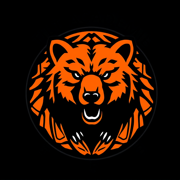 Prompt: Logo de club de football avec un bébé grizzly au centre, des motifs dynamiques et modernes, dominante de couleur orange avec des accents noirs, style emblématique et reconnaissable.Tilt académie en évidence dans le logo à l'entoure