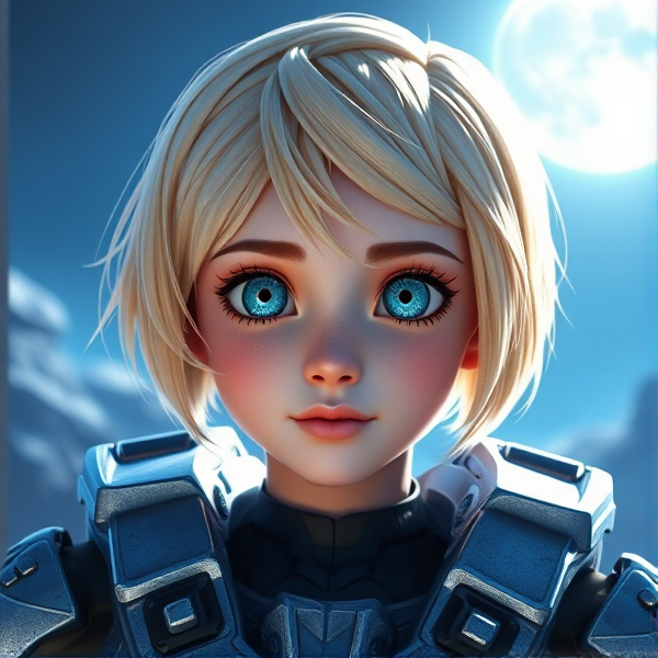 Sierra is a young halo Spartan-II with Light sky blue armor, she has Pixie Bob cut sandy blonde hair and bewitching blue eyes and light skin