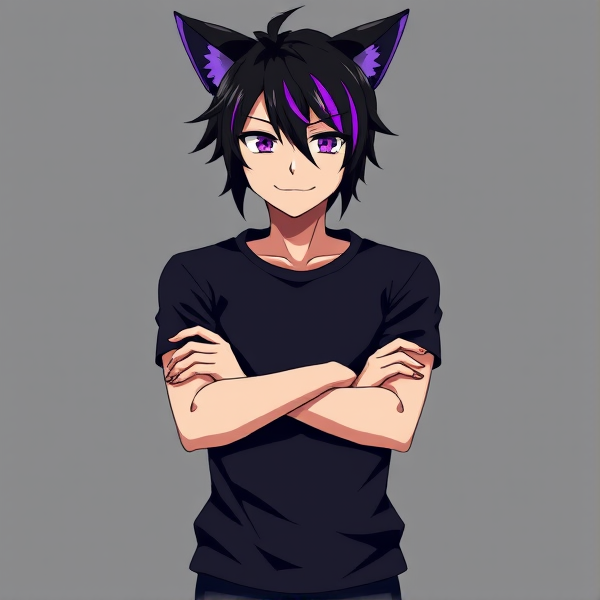 My hero academia oc. Arms crossed. Cat ears black with purple tips. Black hair. With purple streaks. Full body reference sheet.
