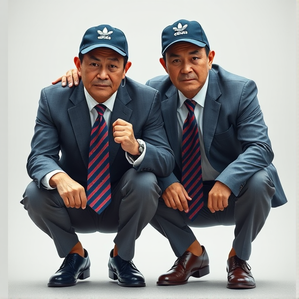 Deux  différents hommes d'affaires japonais puissants mature  accroupis et faché  portant des casquettes Adidas  et des cravates rayées longues  bleue rouge et oreillettes Apple 
Ils sont complices et conquérants , ils dominent 
 , accroupis pas trop et regard fort
Ils sont hypnotisant du regard , amis, complice , envoûtant , charismatique 
Ils se tiennent par les épaules , il fixent l objectif de la caméra