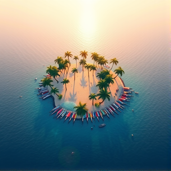 Pen island with a variety of writing pens arranged to form the shape of an idyllic tropical island, complete with palm trees and sandy beaches, viewed from an aerial perspective