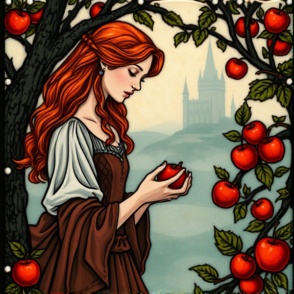 Red haired young Arthurian teenage princess picking apples on a foggy island  in the style of medieval stained glass