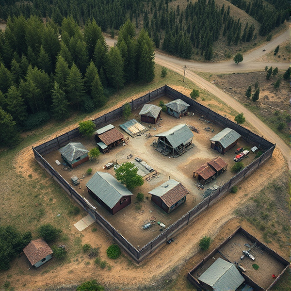 A photorealistic depiction as shot from a drone of an off grid community compound that could support 50 people and had a large wall around it.