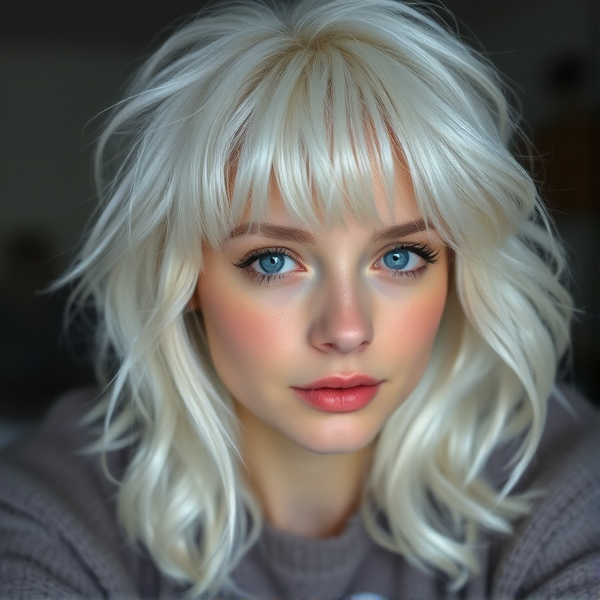 I have fluffy white hair with some silver streaks in them and my eyes are a soft muted purple color. I’m am about 5’7-5’8 my face is soft and a little feminine