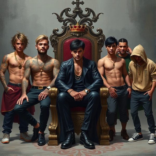 Seven young men personify the seven deadly sins in a symbolic tableau. In the center, Pride reigns supreme, seated on an ornate throne akin to that of a monarch, adorned with regal robes and a crown that glistens with gems. Wrath exudes menace, cloaked in a black leather jacket and matching pants, his skin etched with intricate tattoos and punctuated by metallic piercings. Greed flaunts opulence in designer attire dripping with jewelry; rings sparkle on every finger, complemented by a heavy gold chain around his neck. Envy assumes the guise of an enigmatic wanderer, casting covetous glances towards his companions while cloaked in subtle green tones. Gluttony presents a paradoxical figure: svelte yet dressed in snug-fitting clothes that speak to an endless hunger unsatisfied by mere physical sustenance. Lust smolders with sensual intent, garbed in provocative attire designed to tempt and tantalize, tongue lasciviously exposed. Lastly, Sloth embodies lethargy, slumped casually in oversized hoodie and sweatpants while listlessly rubbing weary eyes as if struggling against the pull of sleep