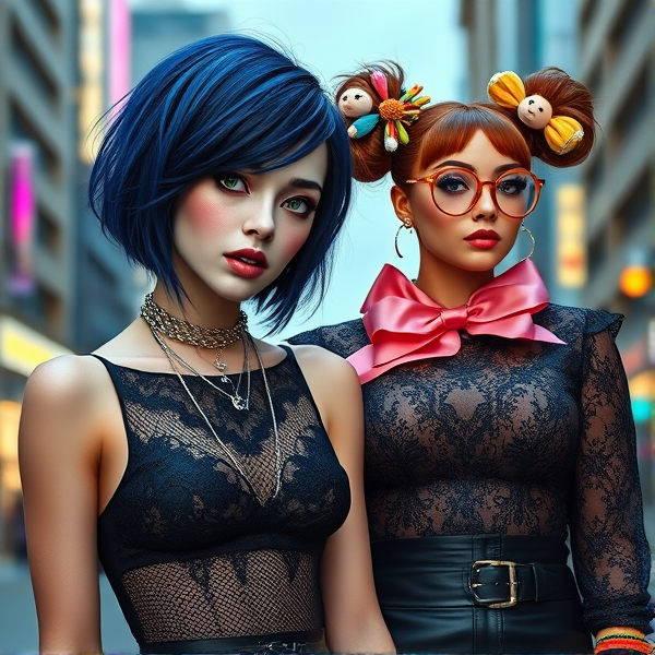 Ethereal, slender woman with striking deep blue hair cut into a dynamic asymmetrical bob that gracefully frames her pale, sculpted face. Her intense green eyes sparkle with mischievous allure and an enticing allure. She sports a subtle silver hoop lip piercing that complements her dark, gothic aesthetic. Fashion-forward in a black lace top paired with a high-waisted leather skirt, she radiates edgy elegance. The look is completed with fishnet stockings and chunky platform boots. Silver chains drape over her ensemble, adorned with spikes and studded wristbands that speak to her defiant nature. She harbors a passionate yet secret yearning for the main character who remains oblivious, preoccupied by her male companion.

In sharp juxtaposition is the main character, a curvaceous woman with sun-kissed skin radiating exuberance in Decora fashion staples tinted in gentle hues of pink, yellow, and baby blue. Her attire is alive with whimsical motifs complemented by charming kawaii accessories like stuffed toys and oversized bows. Voluminous chestnut locks are tied into spirited space buns embellished with rainbow clips and beads adding to her lively persona. Sparkling blue eyes peek through playful glasses rimmed in sweet shades; her nose adorned with an understated septum ring adds just the right touch of nonconformity. She is the embodiment of joy and innocence which starkly contrasts the mysterious admirer who watches from afar unnoticed.