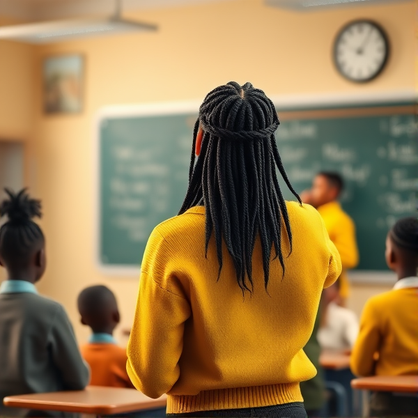 Une enseignante noire âgée de quarante ans coiffée de tresses africaines traditionnelles, portant un pull jaune  se tient le dos tourné en train d'y écrire à la craie blanche au tableau dans une salle de classe avec des élèves noires agés de huit ans.