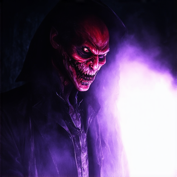 a man in a dark, atmospheric setting engaging in a tense conversation with a towering, sinister demon shrouded in shadowy mists, dimly lit by flickering torchlight