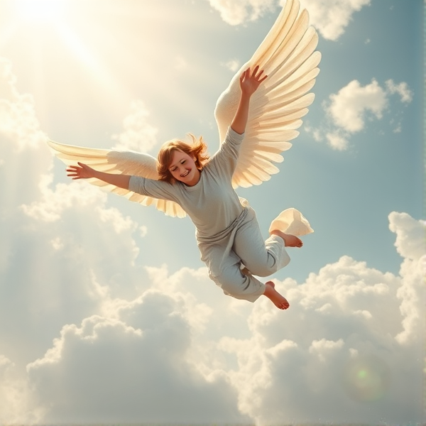 Angel falling from heaven in mid air, with wings.