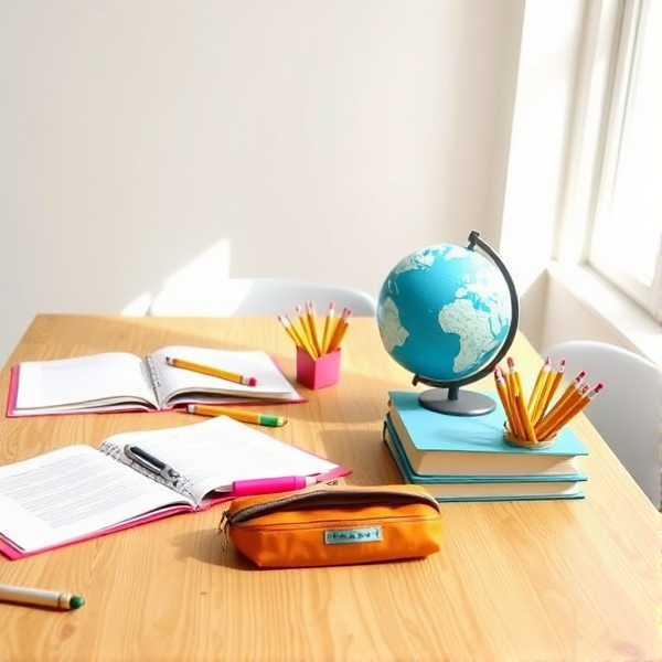 table en bois éclairée par la lumière naturelle de la fenêtre, couverte de fournitures scolaires comme des cahiers ouverts, des stylos, des crayons, une trousse et un globe terrestre  .
