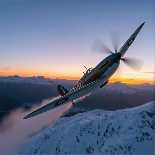 Spitfire flying low over snowy mountains at twilight with vapour from the engine