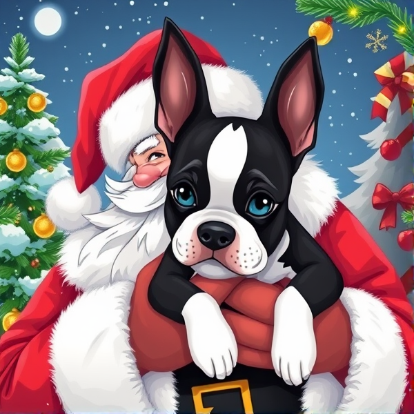 Illustration Santa holding a Boston terrier puppy with a Christmas background scene