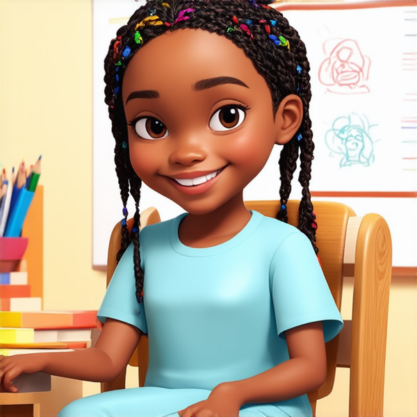 Jeune fille africaine de 8 ans vêtue d'une robe bleu ciel, coiffée de tresses africaines complexes avec des perles colorées, affichant un large sourire éclatant, assise sur une chaise d'écolier face à un bureau en bois clair, dans une salle de classe ensoleillée et bien éclairée, avec des fournitures scolaires et des dessins d'enfants visibles en arrière-plan