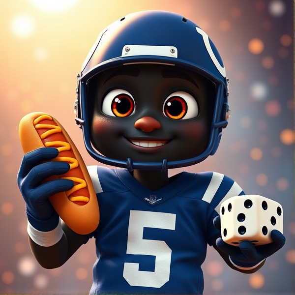 Black quarterback number 5 for Indianapolis colts holding a corndog and playing dice
